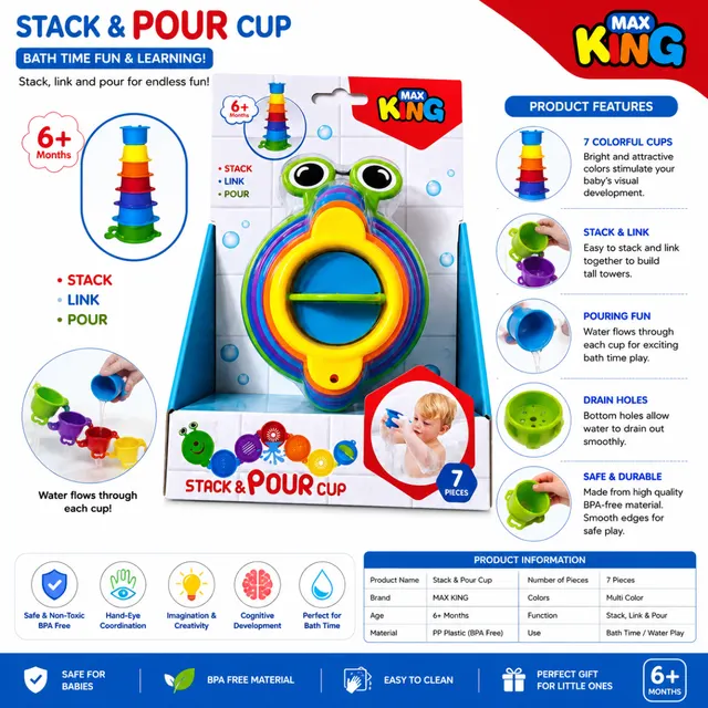 MAX KING Stack & Pour Cup – 7-Piece Baby Bath Toy | 6+ Months