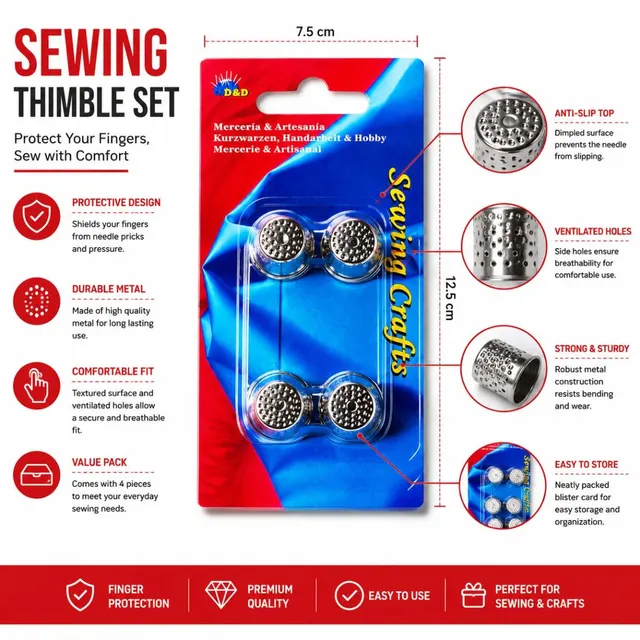 Sewing Thimble Set (4 Pieces) - Premium Metal Finger Protectors for Sewing & Craft Work