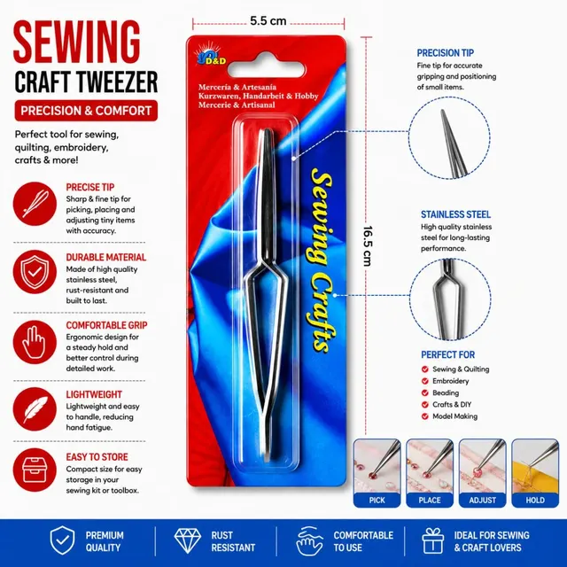 Professional Sewing Craft Tweezer - Precision Stainless Steel Tweezers for Sewing, Embroidery & Craft Work