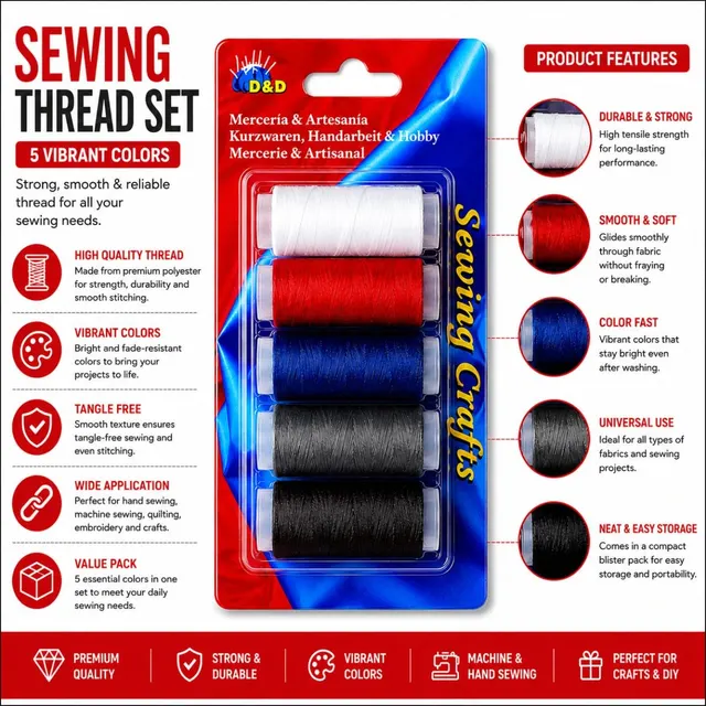 5-Color Premium Sewing Thread Set - Strong Polyester Thread for Hand & Machine Sewing
