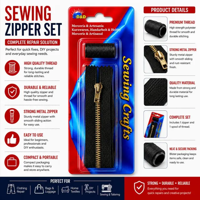Sewing Zipper Repair Set - Premium Metal Zipper with Strong Polyester Thread for Sewing & Alterations