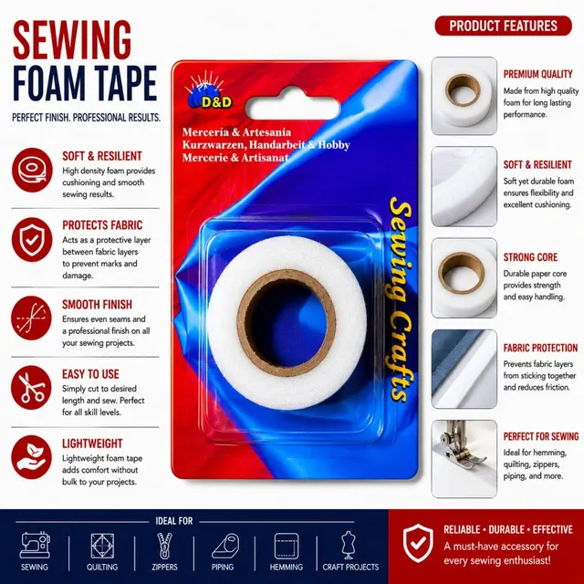 Premium Sewing Foam Tape Roll - Soft Cushioning Tape for Quilting, Hemming, Zippers & Craft Projects