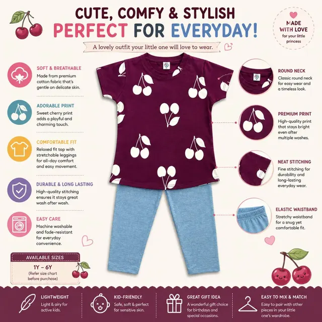 Girls Cherry Print 2-Piece Outfit Set - Soft Cotton T-Shirt & Leggings for Kids