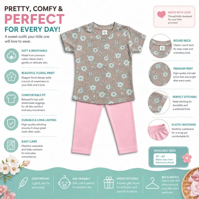 Girls Floral Print Cotton Clothing Set - Soft T-Shirt & Leggings Outfit for Kids