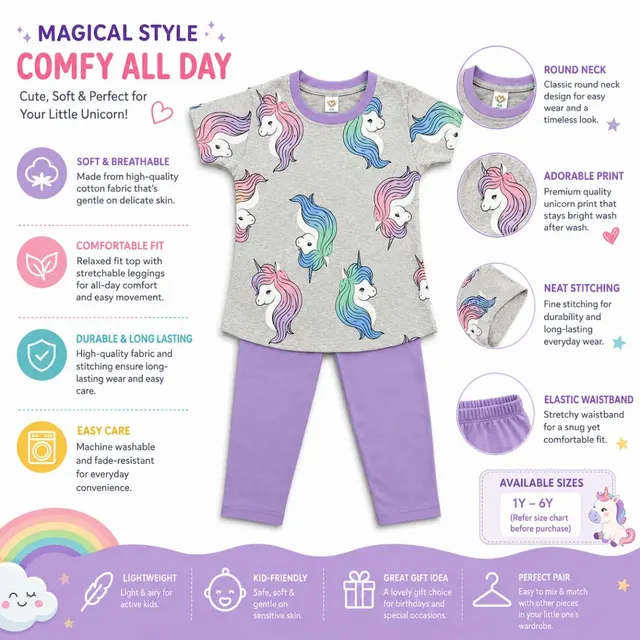Girls Unicorn Print 2-Piece Outfit Set - Soft Cotton T-Shirt & Leggings for Kids