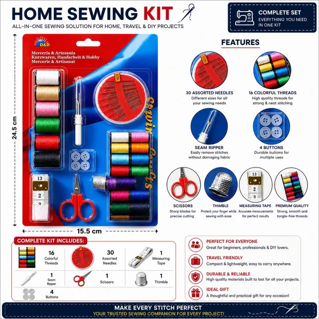 16 Color Threads, Needles, Scissors & Sewing Accessories Set