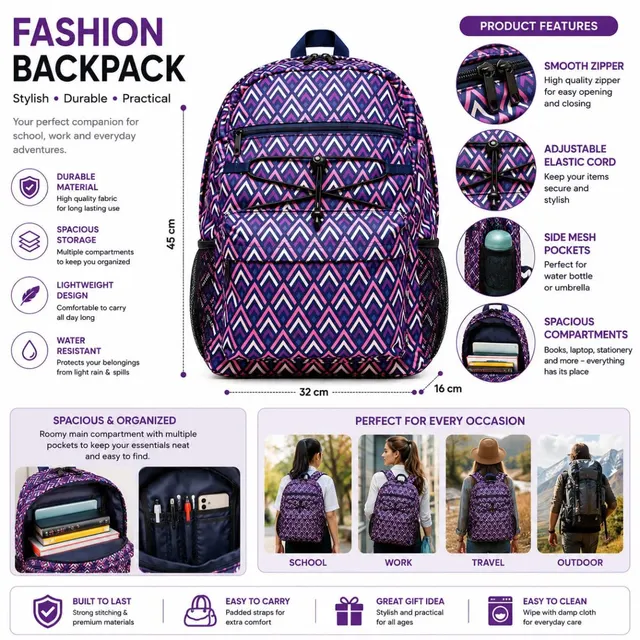 Fashion Backpack | Lightweight Water-Resistant School, Travel & Everyday Backpack
