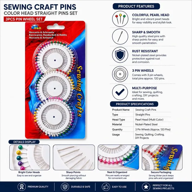 3PCS Color Head Sewing Pins Set | Pearl Head Straight Pins for Sewing, Quilting & Crafts
