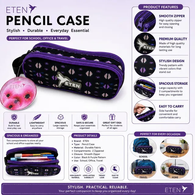 ETEN Double Zipper Pencil Case | Large Capacity Stationery Organizer for School, Office & Travel