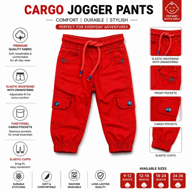 Baby Cargo Jogger Pants | Soft Cotton Stretch Waist Trousers for Boys & Girls 