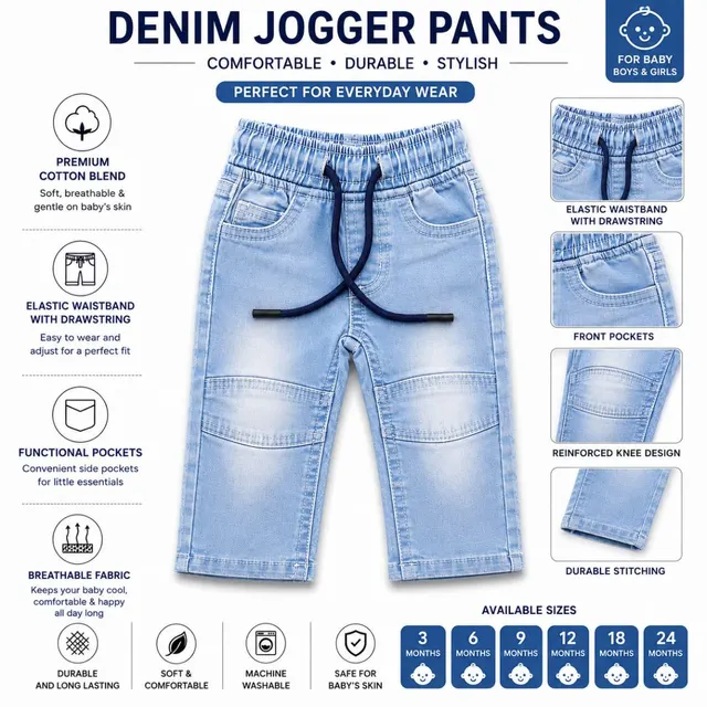 Baby Denim Jogger Pants | Soft Cotton Blend Adjustable Waist Jeans for Boys & Girls