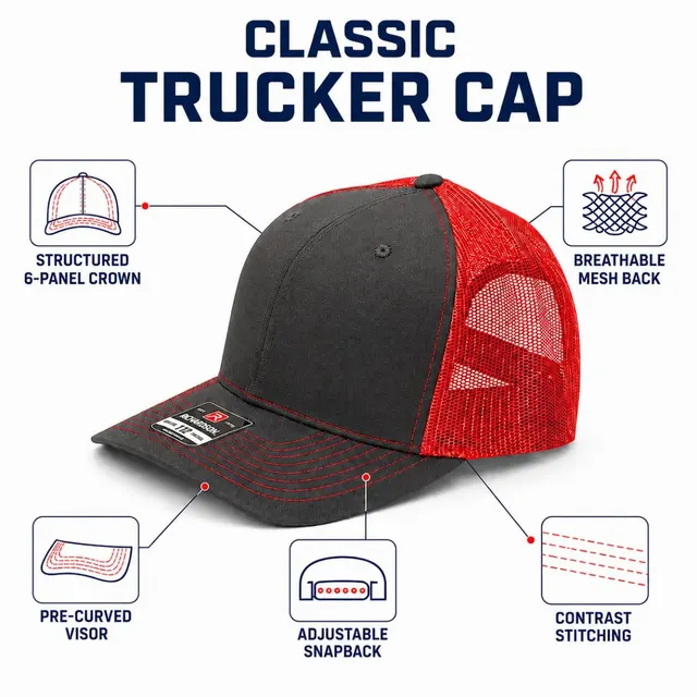 Classic Trucker Cap | Black & Red Breathable Mesh Snapback Cap for Men & Women