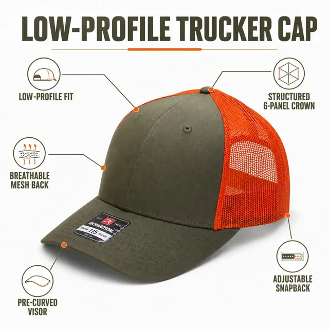 Low-Profile Trucker Cap | Olive Green & Orange Breathable Mesh Snapback Cap